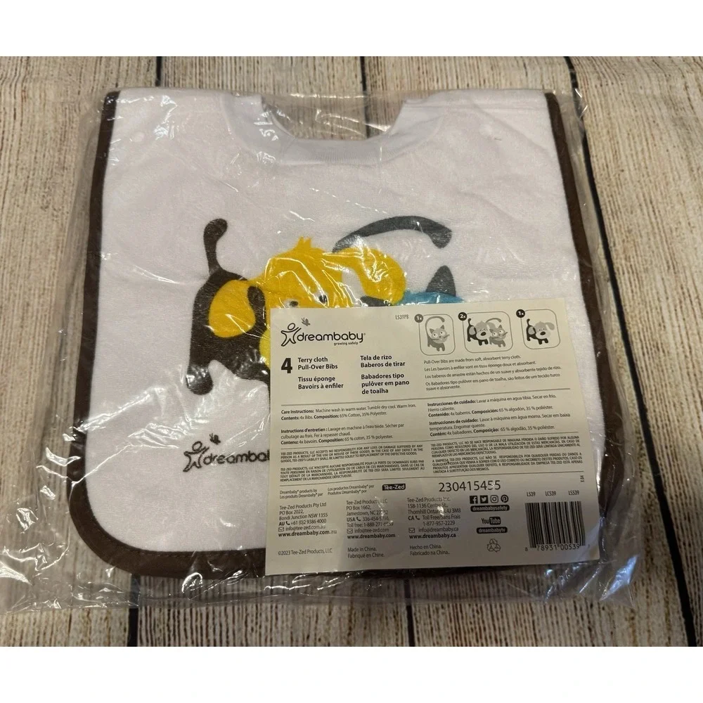 Dreambaby Terry Cloth Cotton Baby Bibs 4 Count Absorbent Cat Dog Designs TubB6